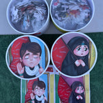 Two containers filled with jigsaw puzzles featuring illustrated characters commemorating Imam Husayn