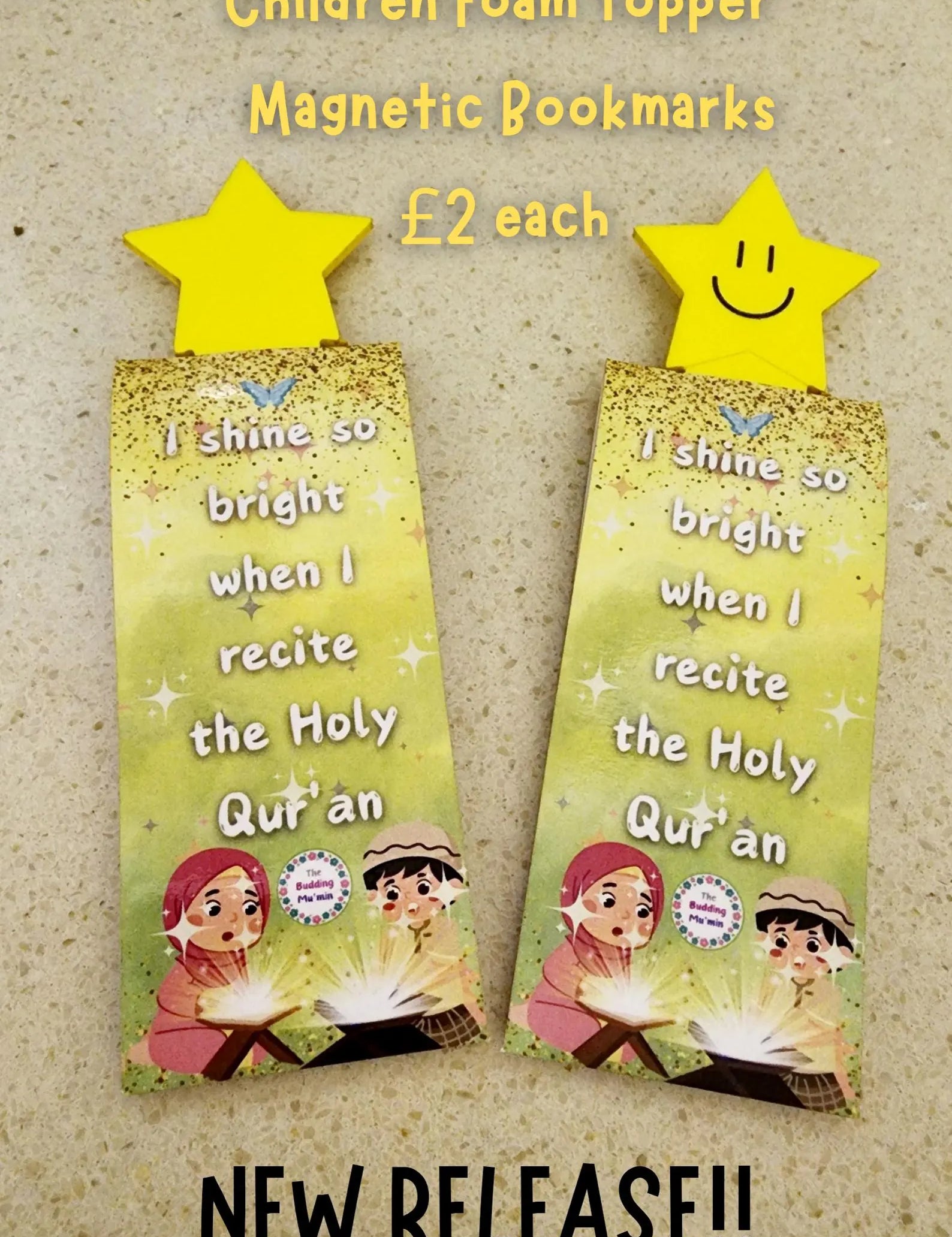 Two magnetic bookmarks with star-shaped holders on a textured surface, featuring text and images of children reciting the Quran.