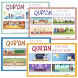 A set of four colourful posters with Qur'anic verses and illustrations, aimed at children.