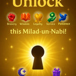 Promotional graphic for 'Unlock this Milad-un-Nabi!' with icons and text on a brown background. Companions of the Light card game for Shia Kids Children Islam AhlulBayt