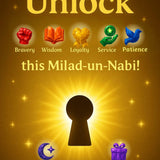 Promotional graphic for 'Unlock this Milad-un-Nabi!' with icons and text on a brown background. Companions of the Light card game for Shia Kids Children Islam AhlulBayt