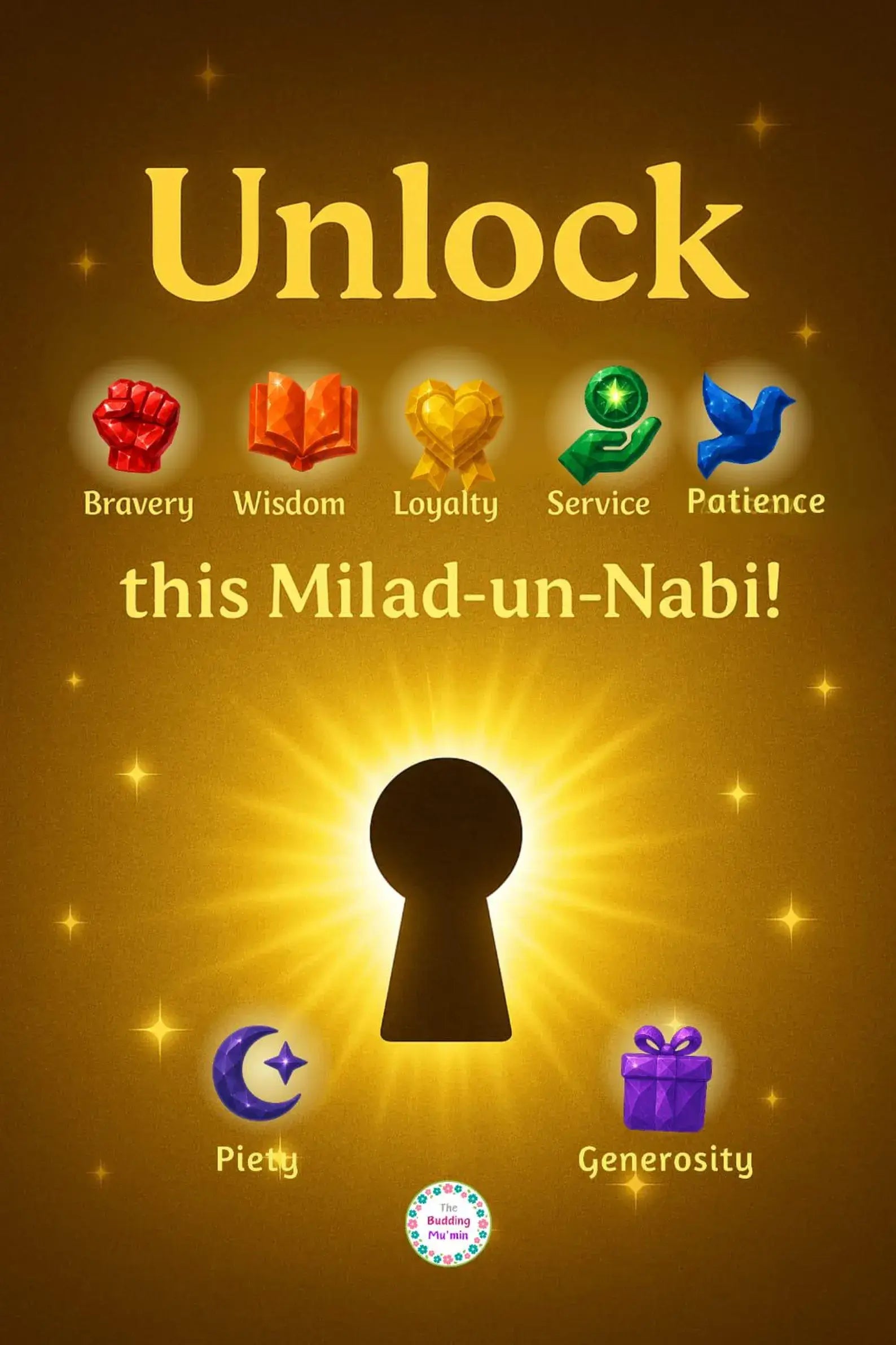 Promotional graphic for 'Unlock this Milad-un-Nabi!' with icons and text on a brown background. Companions of the Light card game for Shia Kids Children Islam AhlulBayt