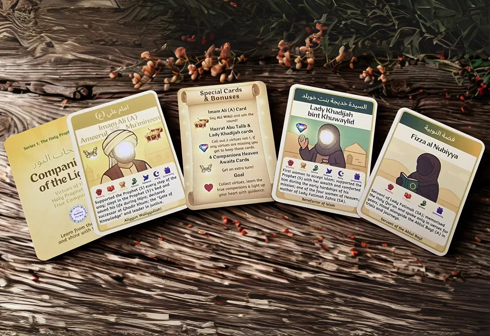 Four cards with illustrations and text on a wooden surface with decorative elements.