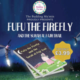 Advertisement for 'Fufu the Firefly and the Surah Al Fajr Trail' book with fireflies and a night sky background.