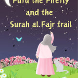 Book cover of 'Fufu the Firefly and the Surah al Fajr trail' with a woman and cat in a garden at night by The Budding Mu'min for Shia Kids Children story book Islam Ahlul Bayt 