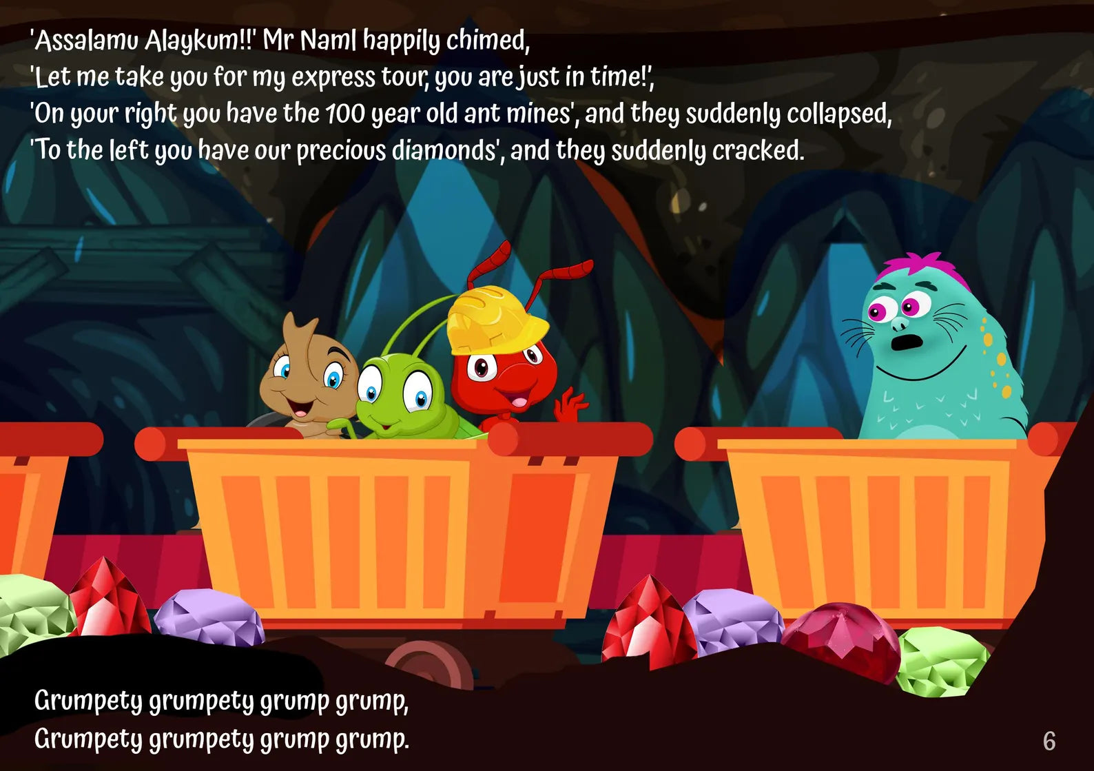 Animated characters in a minecart with text describing a mining scenario.