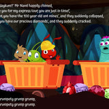 Animated characters in a minecart with text describing a mining scenario.