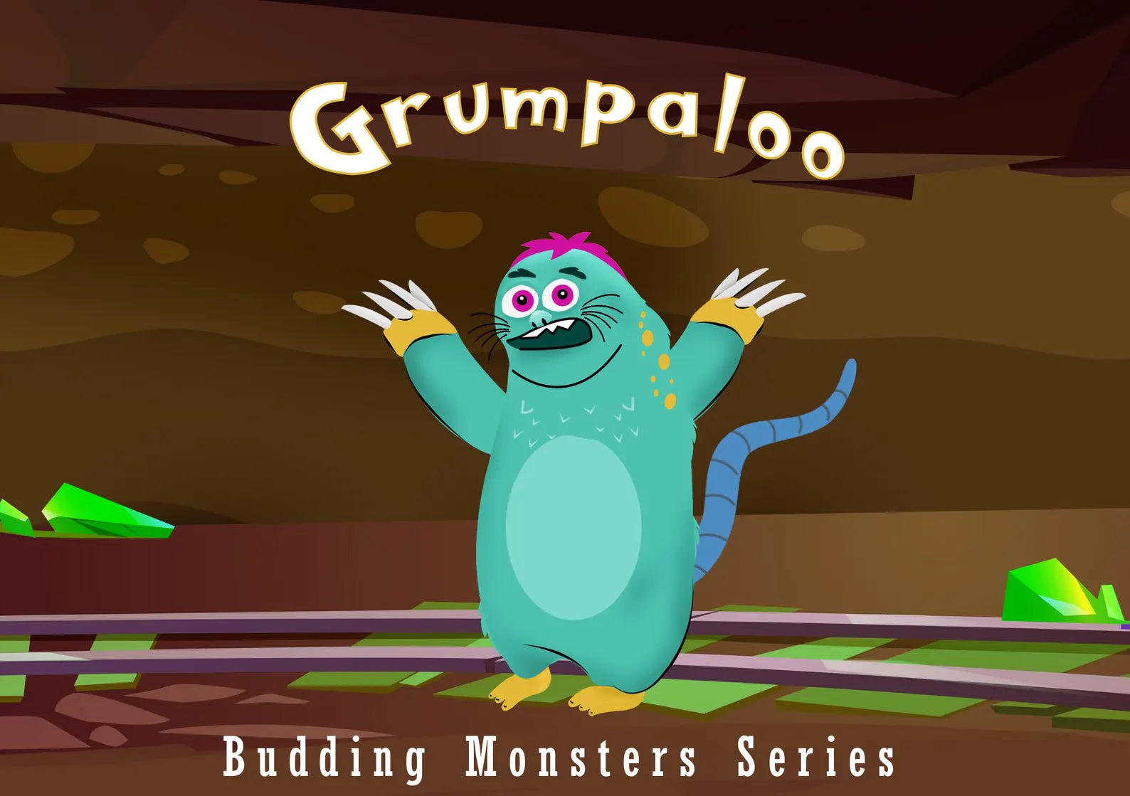 Cartoon monster character named Grumpaloo from the 'Budding Monsters Series' in a cave setting.