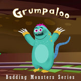 Cartoon monster character named Grumpaloo from the 'Budding Monsters Series' in a cave setting.