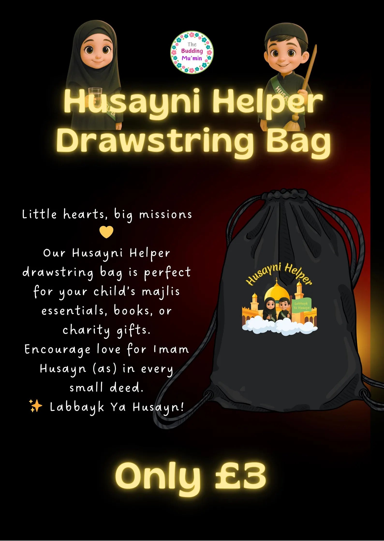 Husayni Helper drawstring bag with branding and text on a dark background