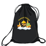 Black drawstring bag with 'Husayni Helper' design featuring a mosque and two kids on a white background. By Budding Mumin