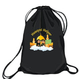Black drawstring bag with 'Husayni Helper' design featuring a mosque and two kids on a white background. By Budding Mumin
