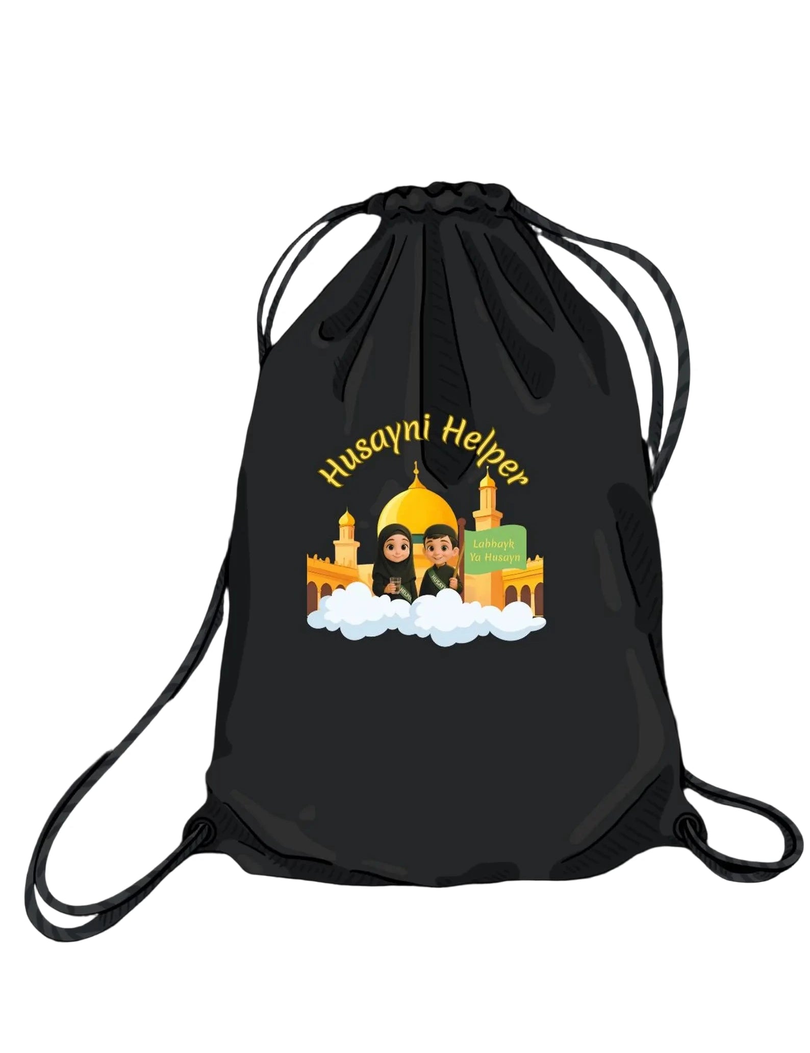 Black drawstring bag with 'Husayni Helper' design featuring a mosque and two kids on a white background. By Budding Mumin