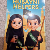 Book titled 'Husayni Helpers' with cartoon characters on a carpeted floor.