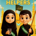 Book cover of 'Husayni Helpers' by the Budding Mu'min with two animated characters and a mosque in the background.