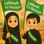 Two children holding green flags with "Labbayk Ya Husayn" text wearing "Husayni Helper" sash in a classroom setting.