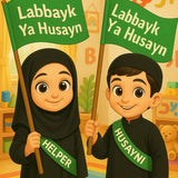Two children holding green flags with "Labbayk Ya Husayn" text wearing "Husayni Helper" sash in a classroom setting.