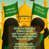 Two people holding green flags with "Ya Husayn" text in front of a mosque.