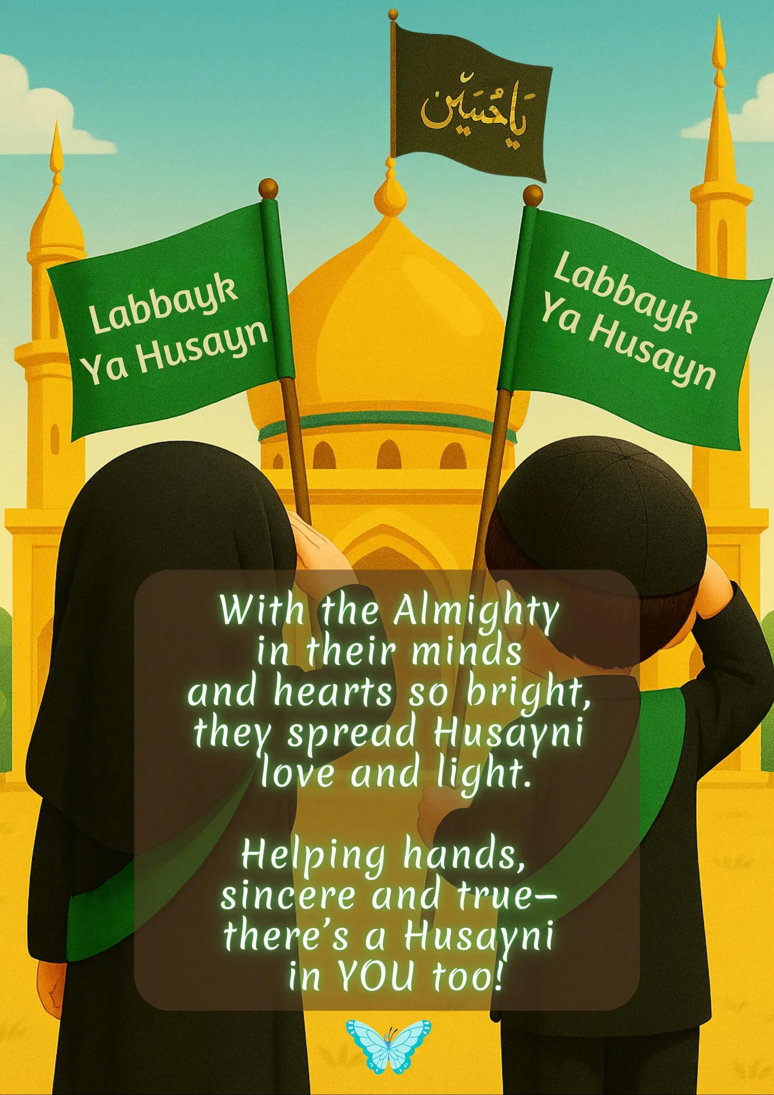 Two people holding green flags with "Ya Husayn" text in front of a mosque.