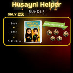 Promotional graphic for 'Husayni Helper' bundle with book, sash, and stickers on a dark background.