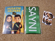 Book titled 'Husayni Helpers' with a green sash and stickers on a brown carpet.