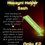 Advertisement for Husayni Helper Sash with text and graphics on a dark background