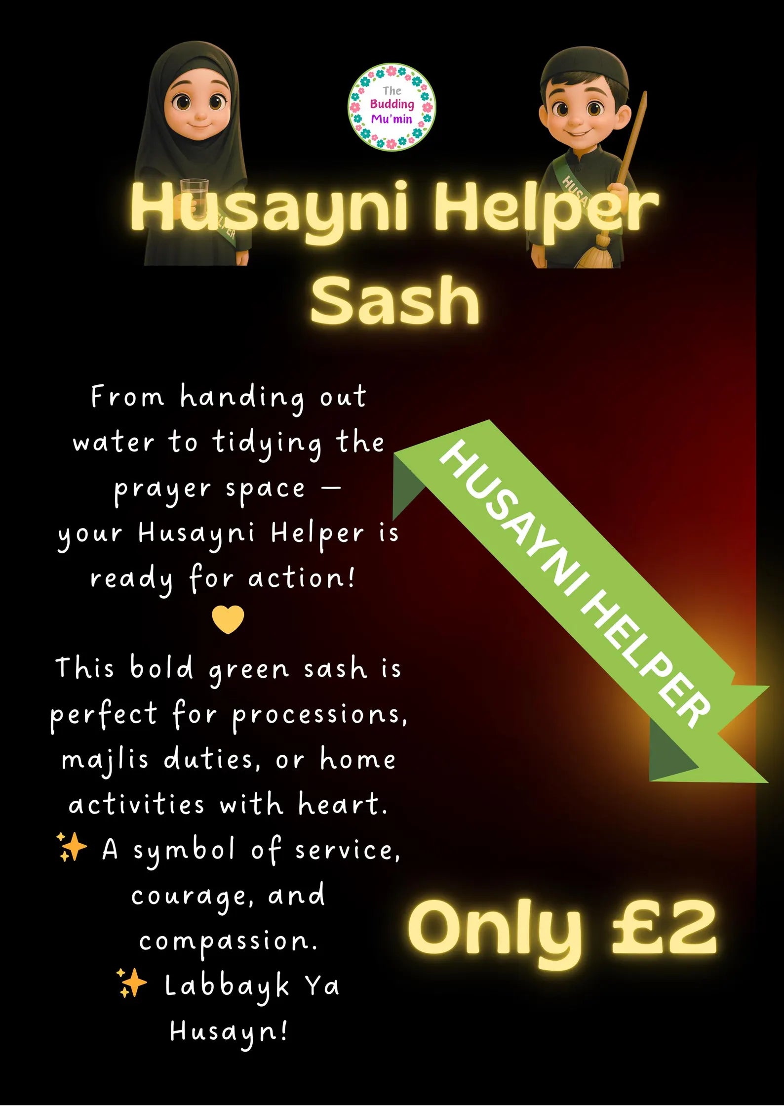 Advertisement for Husayni Helper Sash with text and graphics on a dark background
