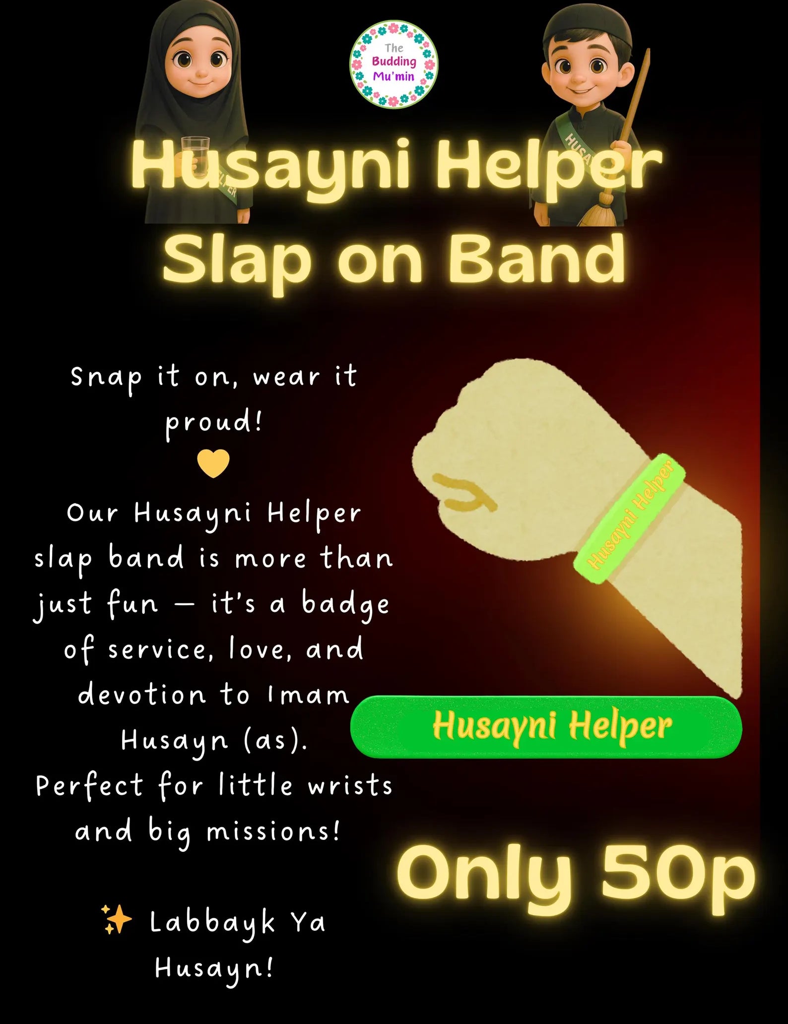 Advertisement for Husayni Helper slap on band with promotional text and product image.