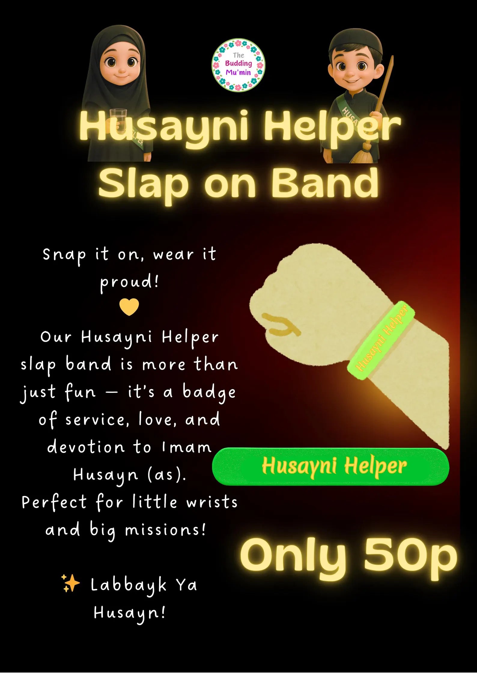 Advertisement for Husayni Helper slap on band with promotional text and product image.