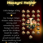 Promotional graphic for Husayni Helper stickers with cartoon characters and text on a dark background.