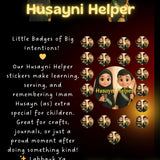 Promotional graphic for Husayni Helper stickers with cartoon characters and text on a dark background.