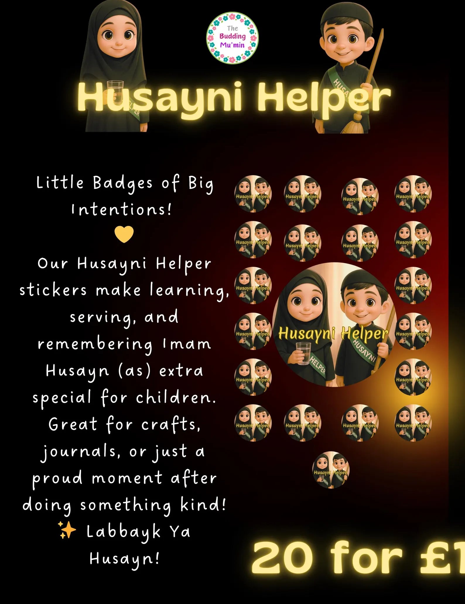 Promotional graphic for Husayni Helper stickers with cartoon characters and text on a dark background.