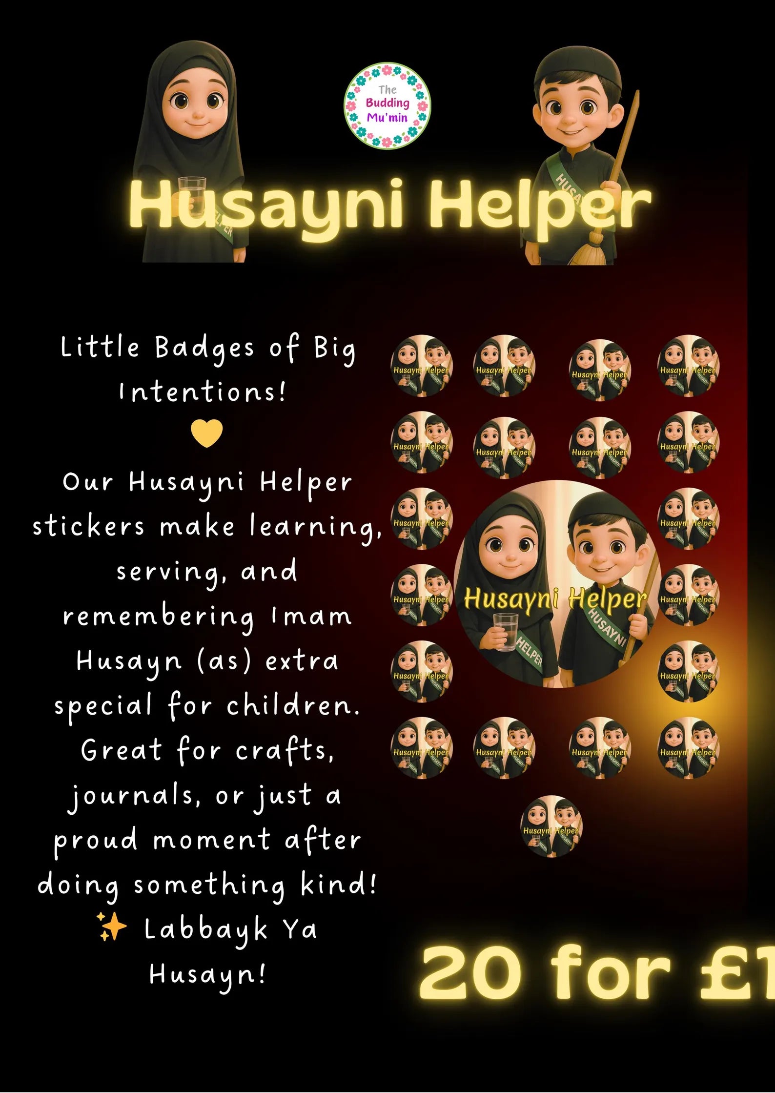Promotional graphic for Husayni Helper stickers with cartoon characters and text on a dark background.