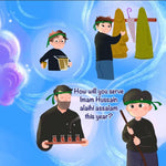Illustrations of a boy serving Imam Husain in different ways and text on a blue background