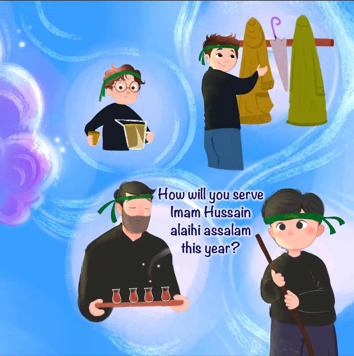 Illustrations of a boy serving Imam Husain in different ways and text on a blue background