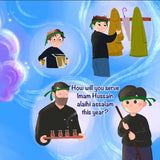 Illustrations of a boy serving Imam Husain in different ways and text on a blue background