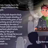 Animated characters with text about Imam Hussain in a dark setting