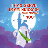 Cartoon teapot with a green ribbon and text about serving Imam Hussain against a blue sky background.