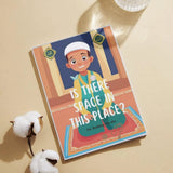 Book titled 'Is There Space in This Place?' By Budding Mumin on a beige surface with cotton and a glass of water.