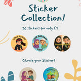 Sticker collection packaging with illustrations and text on a light blue background