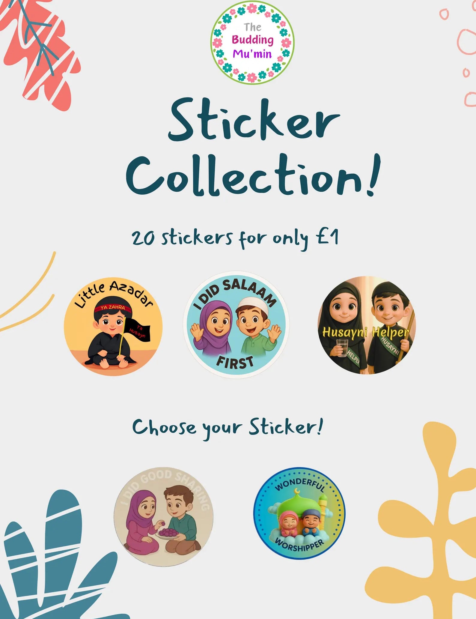 Sticker collection packaging with illustrations and text on a light blue background