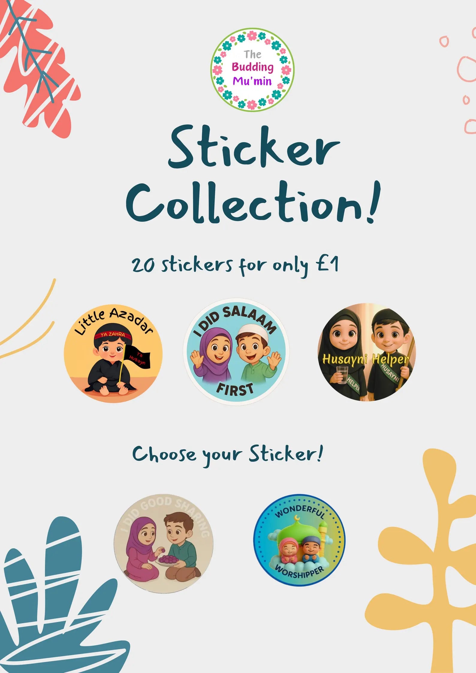 Sticker collection packaging with illustrations and text on a light blue background
