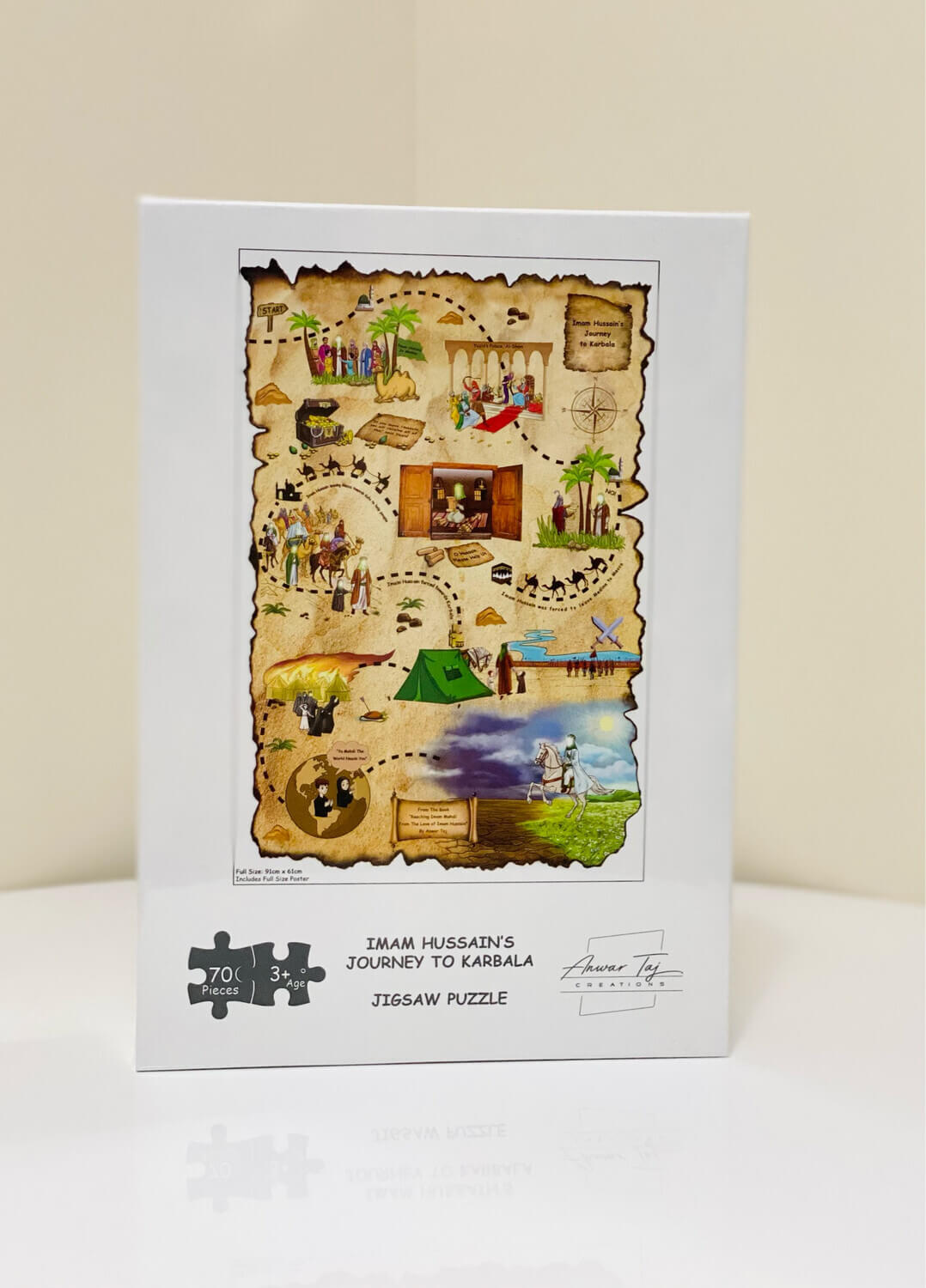  Imam Hussain to Karbala in this vibrantly and picturesque illustrated cardboard puzzle, while promoting and helping children development of hand-eye coordination, problem-solving skills, fine motor skills, memory, concentration, and shape recognition, as well as learning about Imam Hussain's Journey to Karbala towards reaching Imam Mahdi.