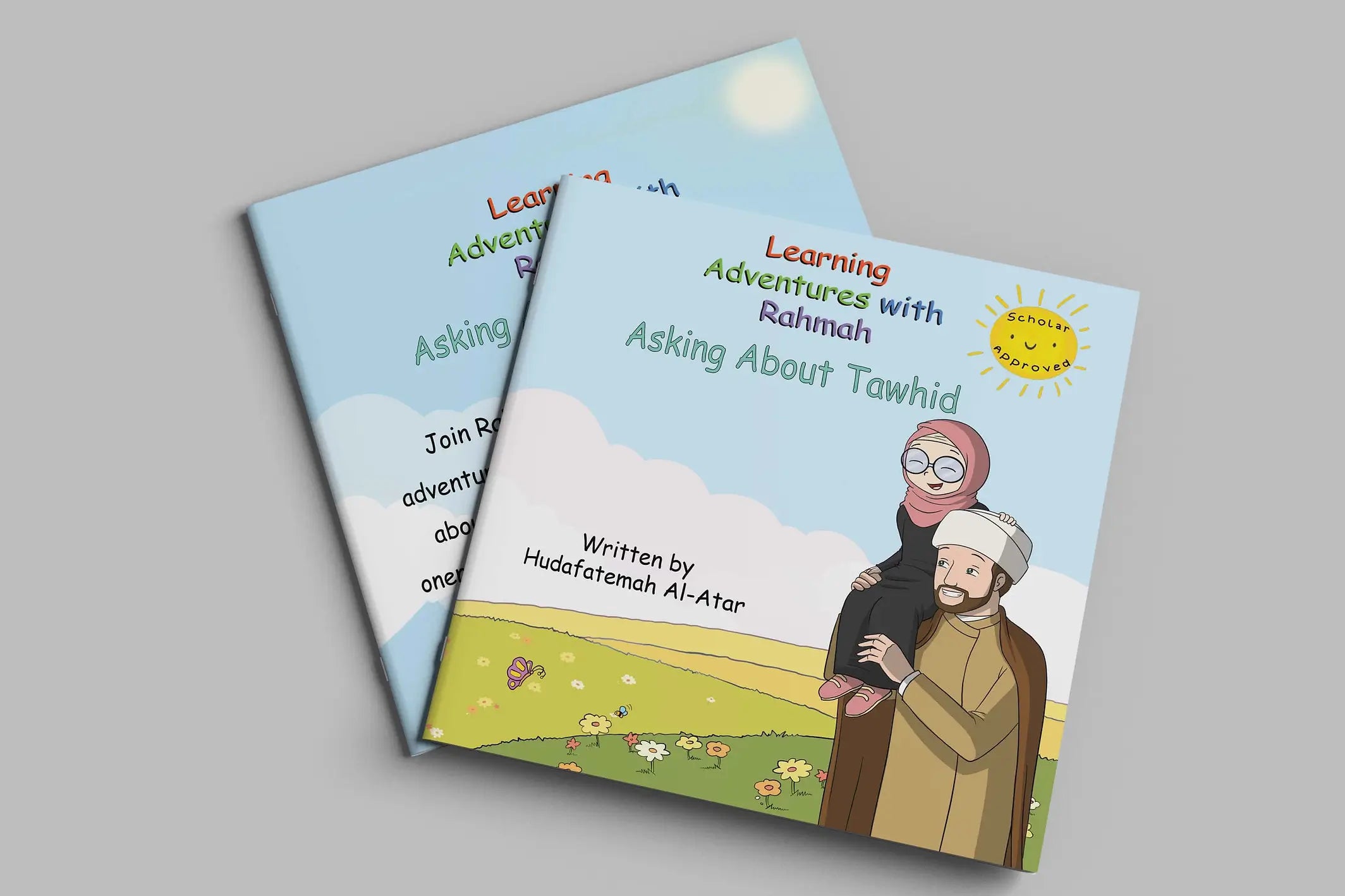Children's books titled 'Learning Adventures with Rahmah - Asking about Tawhid' By Shaykh Usama al-Atar on a gray background - book for Shia Kids children Islam AhlulBayt