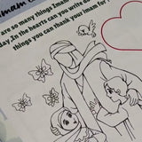 Black and white illustration of a family with children, surrounded by butterflies, on a piece of paper with text.