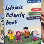Children's book titled 'Islamic Activity Book' held by a hand.