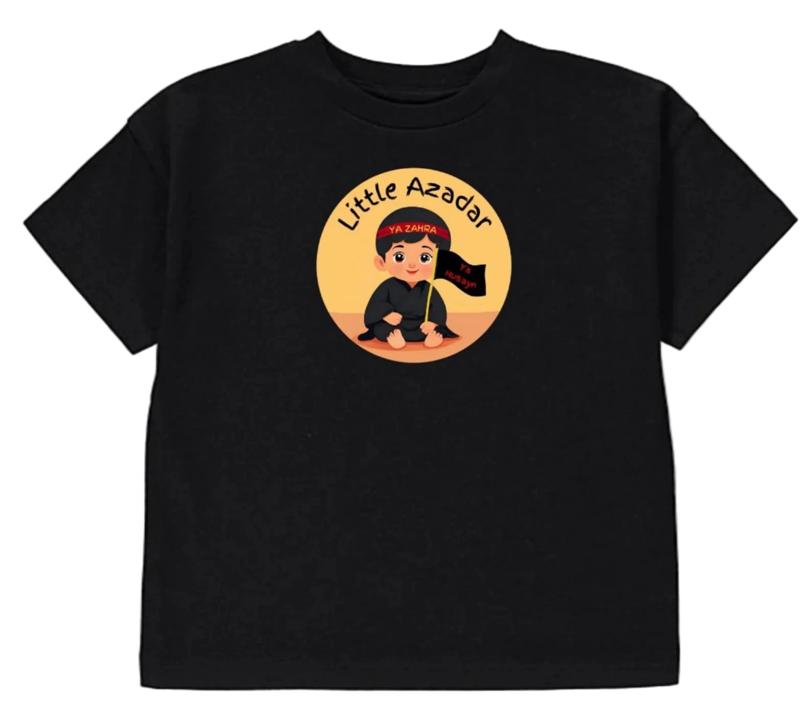 Black t-shirt with a graphic design saying "Little Azadar" on a white background for Muharram Safar Shia Kids Children