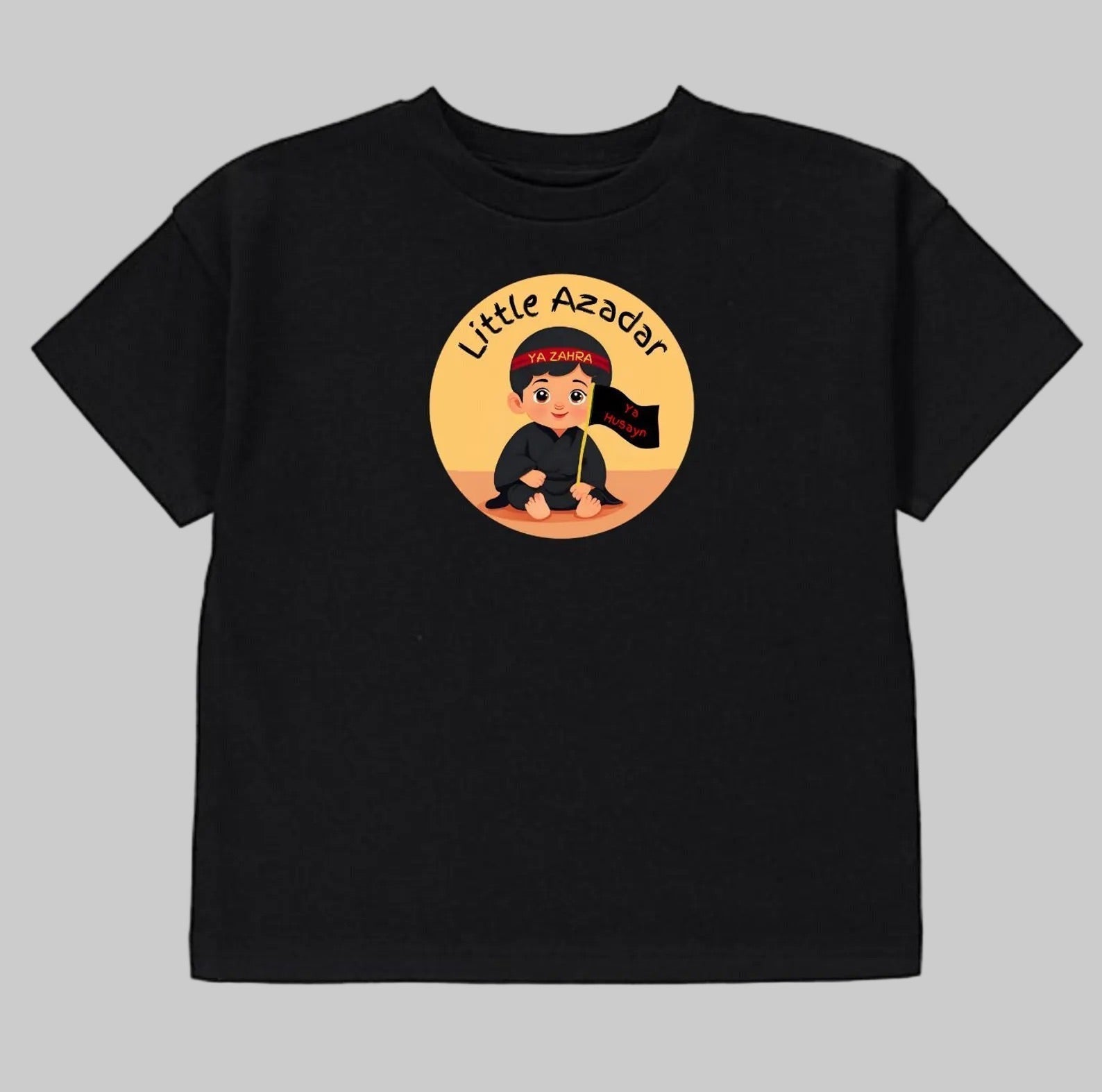 Black t-shirt with a "Little Azadar" design on a gray background