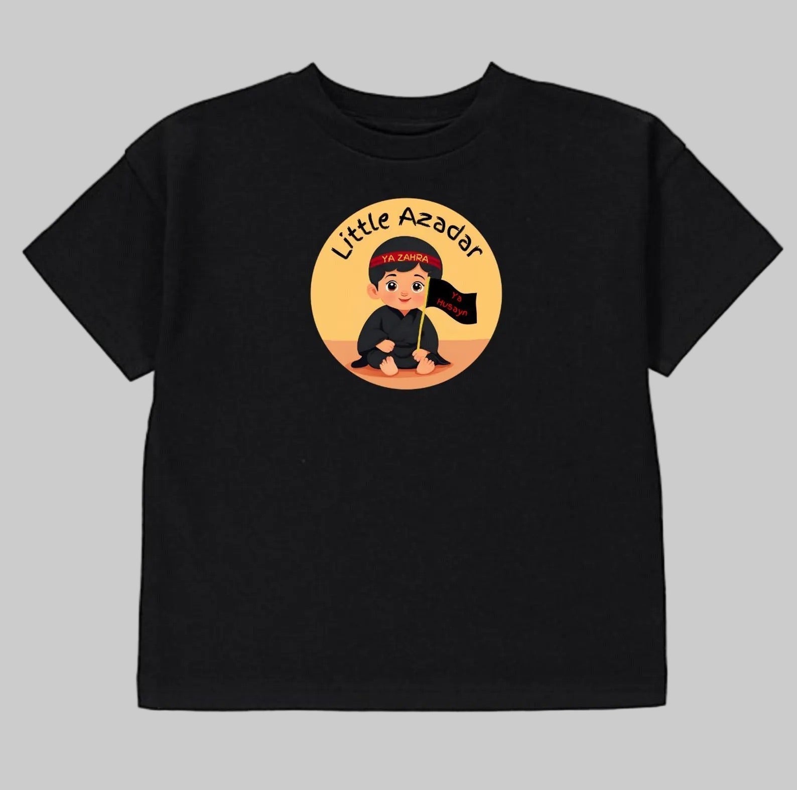 Black t-shirt with a "Little Azadar" design on a gray background