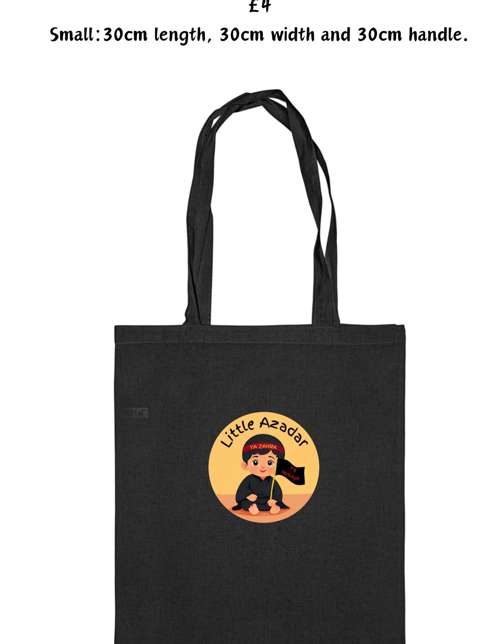 Black tote bag with "Little Azadar" featuring a child and text, on a white background.